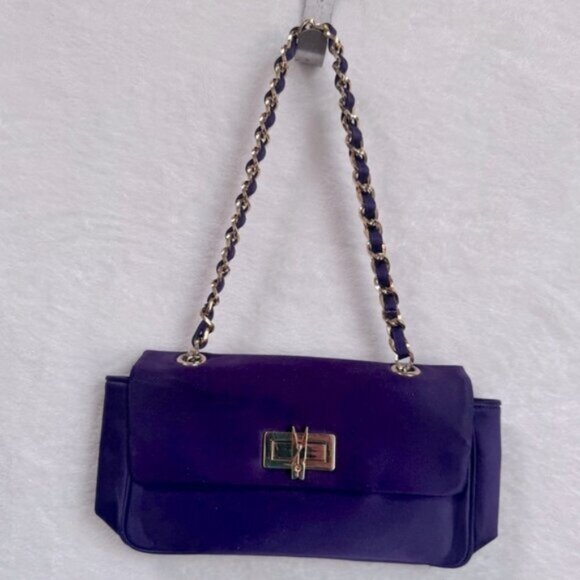 Love Moschino Satin Chain Strap Clothespin Turn Lock Shoulder Bag Purple Gold - Picture 2 of 16